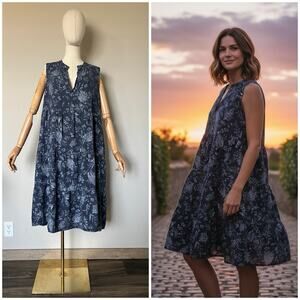 Rosemarie Linen Blend Tiered Dress Made In Italy XL Navy Birds Nature Pockets